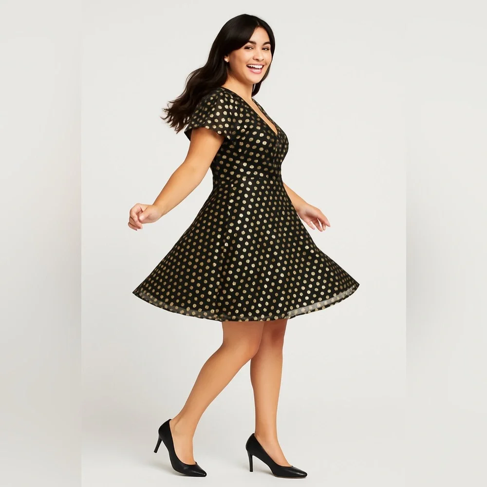 Torrid Black Polkadot Gold Flutter Sleeve Mini Dress, Large, NWT! - Picture 13 of 16